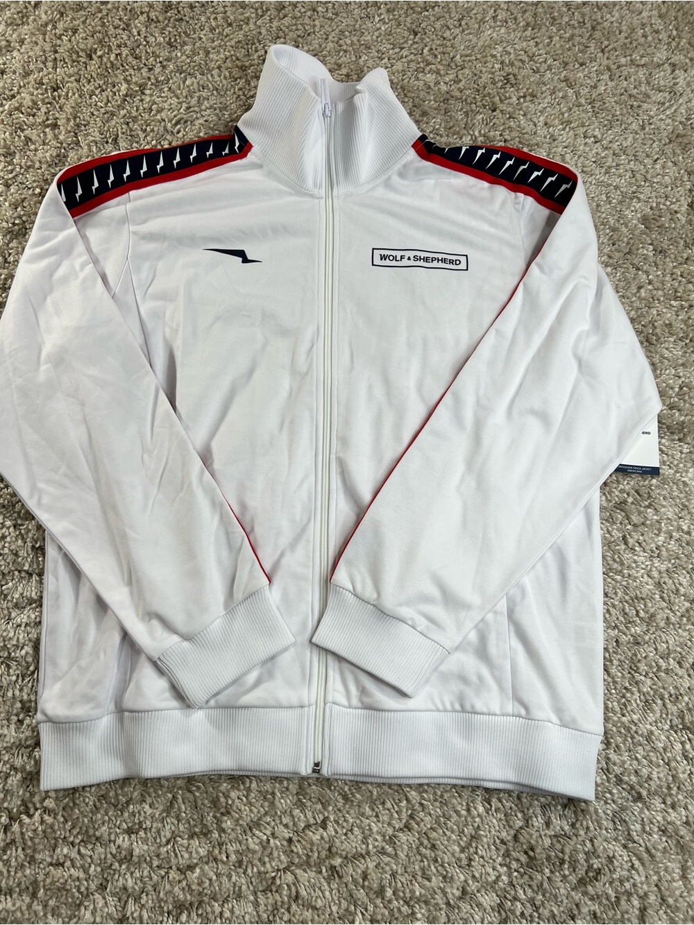 Wolf & Shepherd Men’s White Track Jacket with Red & Navy Shoulder Trim